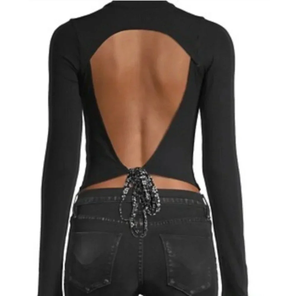 Free People Black Ribbed Mock Neck Open Back Cutout Tie Long Sleeve Top XL
